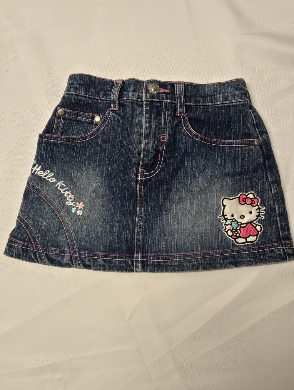 Hello Kitty Sanrio Girls Size 6 Denim Jean Skirt Y2k Vintage Applique Embroider